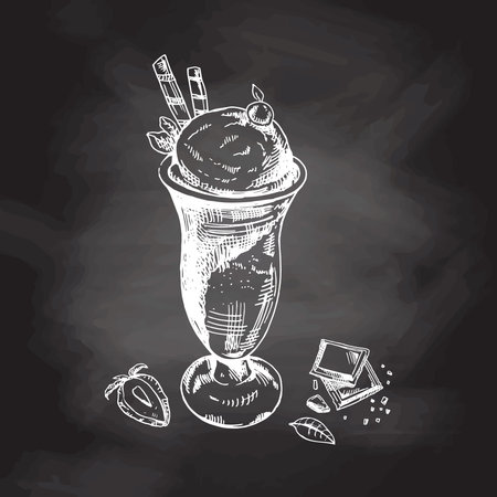 A hand-drawn sketch of ice cream balls in a cup, pieces of chocolate, strawberry isolated on chalkboard background. vintage illustration. Element for the design of labels, packaging and postcards.のイラスト素材