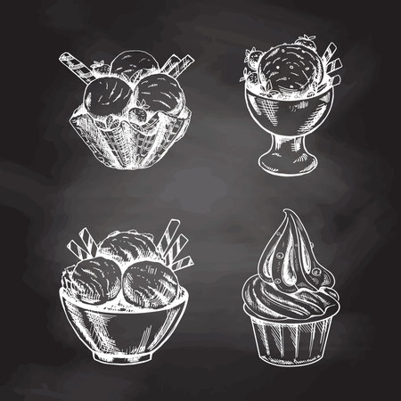 A hand-drawn sketch of ice cream or frozen yoghurt in cups isolated on chalkboard background. vintage illustration. set. Element for the design of labels, packaging and postcards.のイラスト素材