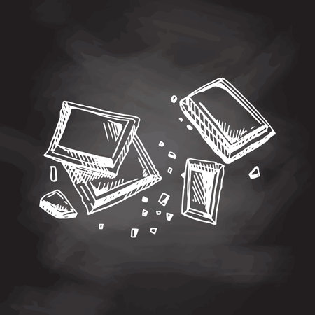 A hand-drawn sketch of pieces of chocolate bar isolated on chalkboard background. vintage illustration. Element for the design of labels, packaging and postcards.のイラスト素材