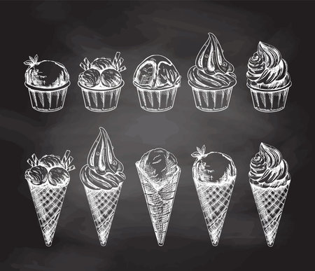 A hand-drawn sketch of a waffle cones and ice cream balls, frozen yoghurt or cupcakes in cups isolated on chalkboard background. vintage illustration. set. Element for the design of labels, packaging and postcards.のイラスト素材
