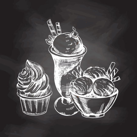 A hand-drawn sketch of ice cream balls in a cup, froze yoghurt isolated on chalkboard background. vintage illustration. Element for the design of labels, packaging and postcards.のイラスト素材