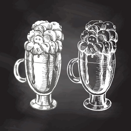 A hand-drawn sketch of hot chocolate with whipped cream isolated on chalkboard background. Vintage illustration, doodle. Element for the design of labels, packaging and postcards.のイラスト素材