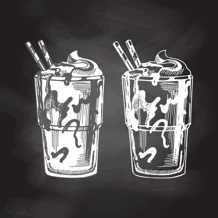 A hand-drawn sketch of glass of chocolate milkshake isolated on chalkboard background. Vintage, doodle illustration. Element for the design of labels, packaging and postcards.のイラスト素材