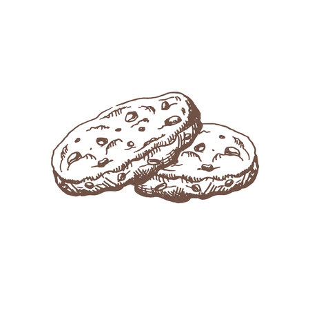 A hand-drawn sketch of homemade cookies with chocolate chips. Vintage illustration, doodle. Element for the design of labels, packaging and postcards.のイラスト素材