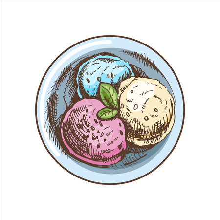 A hand-drawn colored sketch of an ice cream balls in a plate. top view. vintage illustration. Element for the design of labels, packaging and postcards.のイラスト素材
