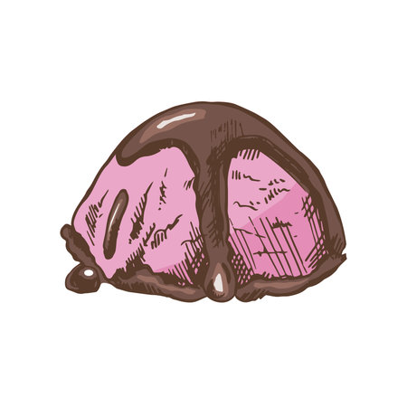 A hand-drawn colored sketch of ice cream scoop with chocolate sauce. vintage illustration. Element for the design of labels, packaging and postcards.のイラスト素材