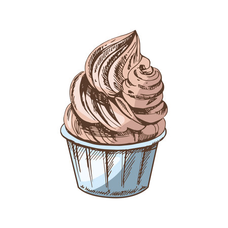 A hand-drawn colored sketch of frozen yogurt or soft ice cream, cupcake in a cup. vintage illustration. Element for the design of labels, packaging and postcards.のイラスト素材