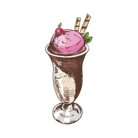A hand-drawn colored sketch of ice cream balls in a cup. vintage illustration. Element for the design of labels, packaging and postcards.のイラスト素材