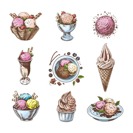 A hand-drawn colored sketch of ice cream or frozen yoghurt in cups and cones. vintage illustration. set. Element for the design of labels, packaging and postcards.のイラスト素材