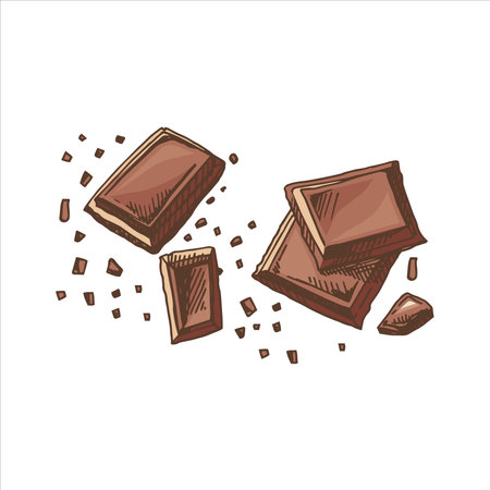 A hand-drawn colored sketch of pieces of chocolate bars. vintage illustration. Element for the design of labels, packaging and postcards.のイラスト素材