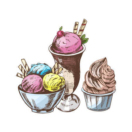 A hand-drawn colored sketch of ice cream balls in a cup, froze yoghurt. vintage illustration. Element for the design of labels, packaging and postcards.のイラスト素材