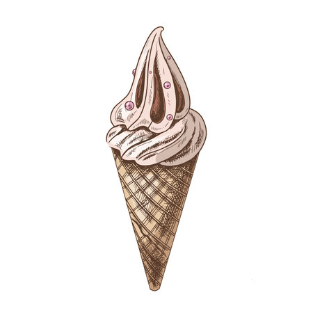 A hand-drawn colored sketch of a waffle cone with ice cream. vintage illustration. Element for the design of labels, packaging and postcards.のイラスト素材