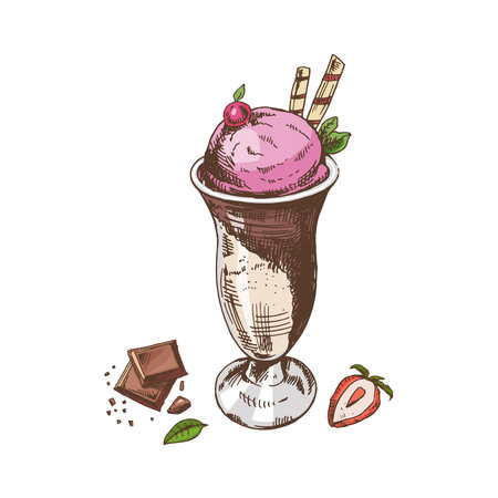 A hand-drawn colored sketch of ice cream balls in a cup, pieces of chocolate, strawberry. vintage illustration. Element for the design of labels, packaging and postcards.のイラスト素材