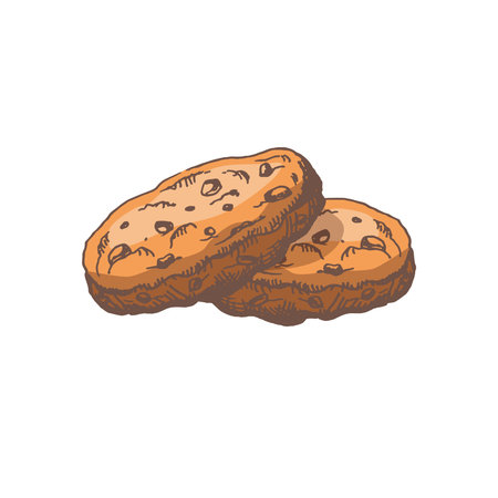 A hand-drawn colored sketch of homemade cookies with chocolate chips. Vintage illustration, doodle. Element for the design of labels, packaging and postcards.のイラスト素材