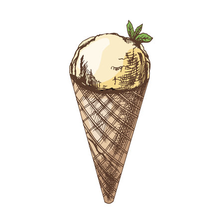 A hand-drawn colored sketch of a waffle cone with ice cream. vintage illustration. Element for the design of labels, packaging and postcards.のイラスト素材