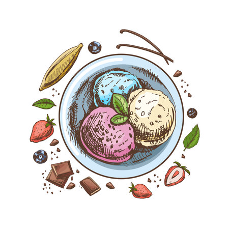 A hand-drawn colored sketch of an ice cream balls in a plate with chocolate, fruits, berries, vanilla pods. top view. vintage illustration. Element for the design of labels, packaging and postcards.のイラスト素材