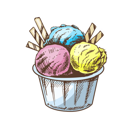 A hand-drawn colored sketch of an ice cream balls in a cup. vintage illustration. Element for the design of labels, packaging and postcards.のイラスト素材