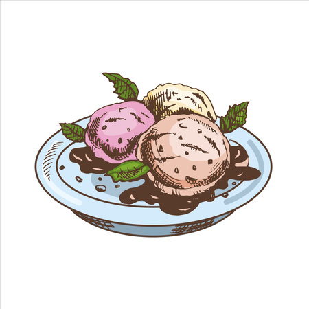 A hand-drawn colored sketch of an ice cream balls in a plate with chocolate sauce. vintage illustration. Element for the design of labels, packaging and postcards.のイラスト素材