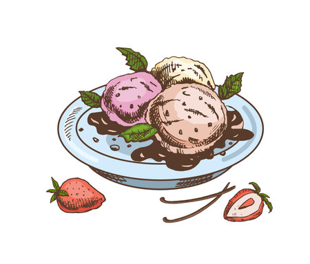 A hand-drawn colored sketch of an ice cream balls in a plate with chocolate sauce, vanilla pods, strawberries. vintage illustration. Element for the design of labels, packaging and postcards.のイラスト素材
