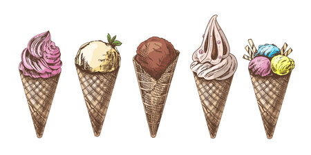 A hand-drawn colored sketch of a waffle cones with ice cream or frozen yoghurt. vintage illustration. set. Element for the design of labels, packaging and postcards.のイラスト素材