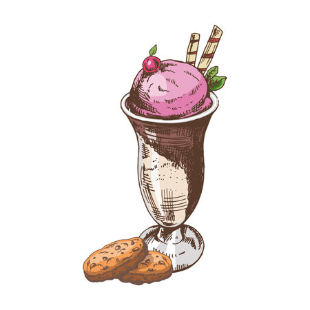 A hand-drawn colored sketch of ice cream balls in a cup, pieces of chocolate, strawberry, cookies. vintage illustration. Element for the design of labels, packaging and postcards.のイラスト素材