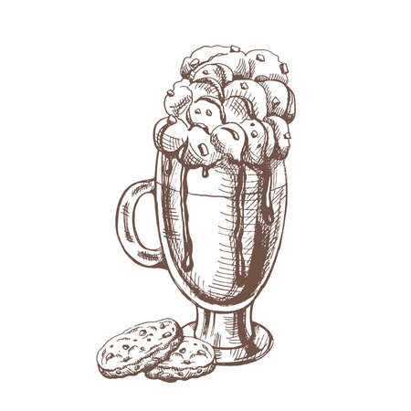A hand-drawn sketch of hot chocolate with whipped cream and cookies. Vintage illustration, doodle. Element for the design of labels, packaging and postcards.のイラスト素材