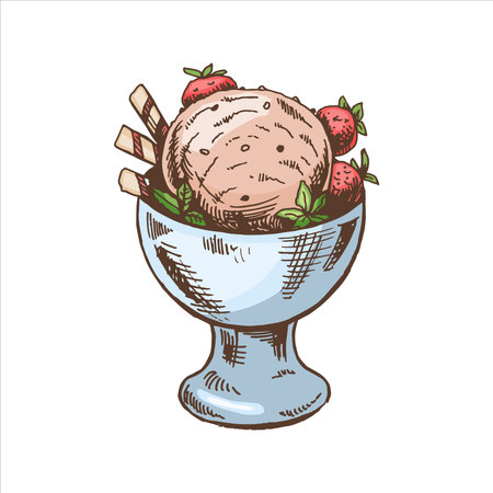 A hand-drawn colored sketch of ice cream balls in a cup, strawberry. vintage illustration. Element for the design of labels, packaging and postcards.のイラスト素材