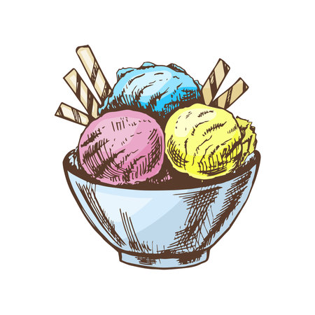 A hand-drawn colored sketch of an ice cream balls in a bowl. vintage illustration. Element for the design of labels, packaging and postcards.のイラスト素材