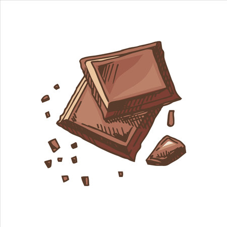 A hand-drawn colored sketch of pieces of chocolate bars. vintage illustration. Element for the design of labels, packaging and postcards.のイラスト素材
