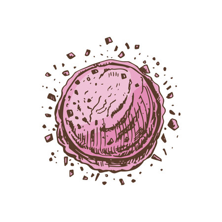 A hand-drawn colored sketch of ice cream scoop with flakes of dark chocolate. vintage illustration. Element for the design of labels, packaging and postcards.のイラスト素材