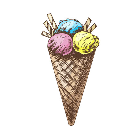 A hand-drawn colored sketch of a waffle cone with ice cream. vintage illustration. Element for the design of labels, packaging and postcards.のイラスト素材