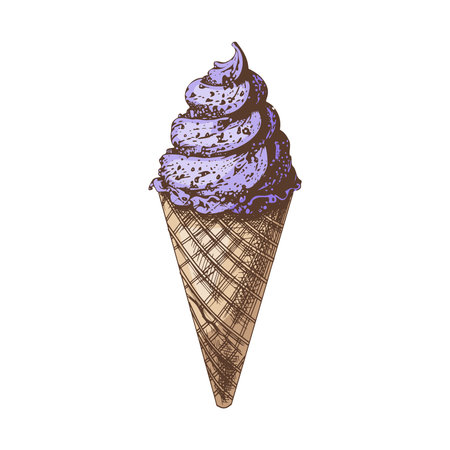 A hand-drawn colored sketch of a waffle cone with frozen yogurt or soft ice cream. vintage illustration. Element for the design of labels, packaging and postcards.のイラスト素材