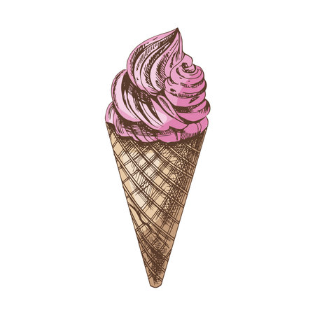 A hand-drawn colored sketch of a waffle cone with frozen yogurt or soft ice cream. vintage illustration. Element for the design of labels, packaging and postcards.のイラスト素材
