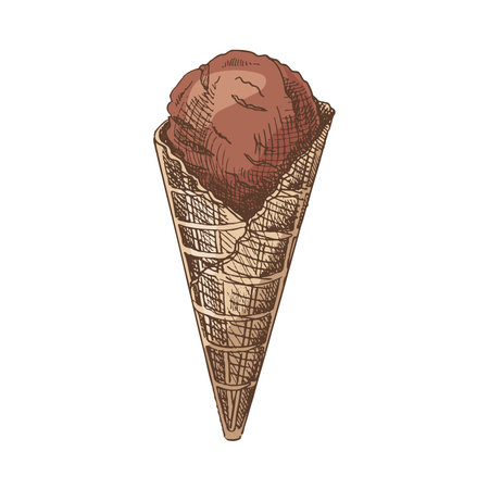 A hand-drawn colored sketch of a waffle cone with ice cream. vintage illustration. Element for the design of labels, packaging and postcards.のイラスト素材