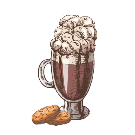 A hand-drawn colored sketch of hot chocolate with whipped cream and cookies. Vintage illustration, doodle. Element for the design of labels, packaging and postcards.のイラスト素材