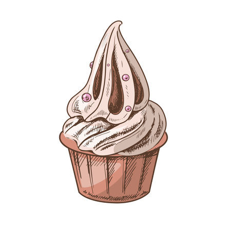 A hand-drawn colored sketch of frozen yogurt or soft ice cream in a cup. vintage illustration. Element for the design of labels, packaging and postcards.のイラスト素材