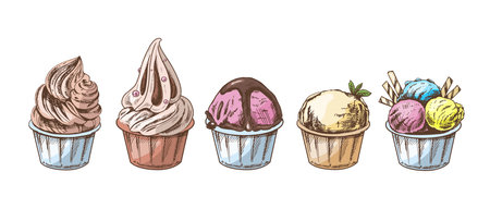 A hand-drawn colored sketch of ice cream balls, frozen yoghurt or cupcakes in cups. set. vintage illustration. Element for the design of labels, packaging and postcards.のイラスト素材