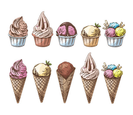 A hand-drawn colored sketch of a waffle cones and ice cream balls, frozen yoghurt or cupcakes in cups. vintage illustration. set. Element for the design of labels, packaging and postcards.のイラスト素材