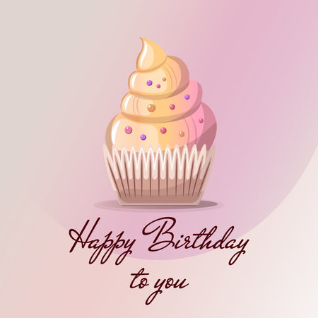 Birthday card with cupcake and Birthday party lettering. vector illustration. postcard, card. cover, invitation.のイラスト素材