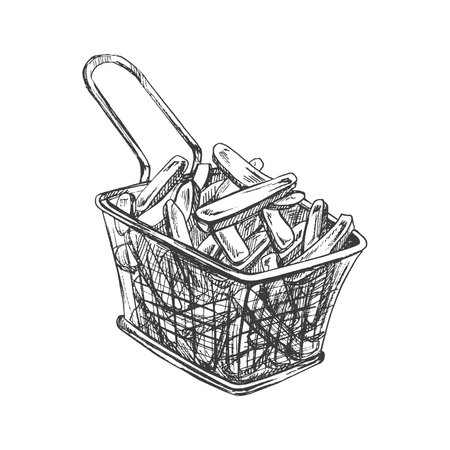 Hand-drawn sketch of french fries en metal mech container isolated on white backgroun Hand-drawn sketch of french fries in metal mesh container isolated on white background. vintage illustration. Element for the design of labels, packaging and postcards. vintage illustration. Element for the design of labels, packaging and postcardsのイラスト素材