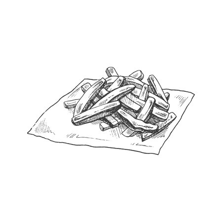 Hand-drawn sketch of french fries isolated on white background. fast food illustration. vintage drawing. Element for the design of labels, packaging and postcards.のイラスト素材