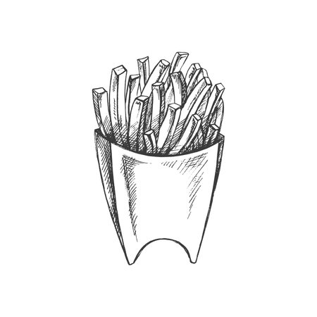 Hand-drawn sketch of french fries in a box isolated on white background. fast food illustration. vintage drawing. Element for the design of labels, packaging and postcards.のイラスト素材