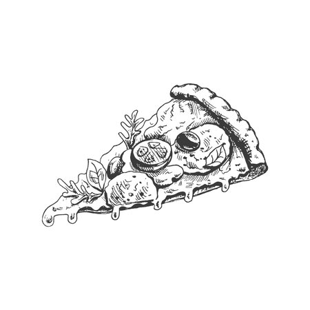 Hand-drawn sketch style pizza slice. Pizza with mozzarella, tomato sauce, sausage, arugula leaves, olives, tomatoes, melted cheese. Fast food vintage illustration.のイラスト素材