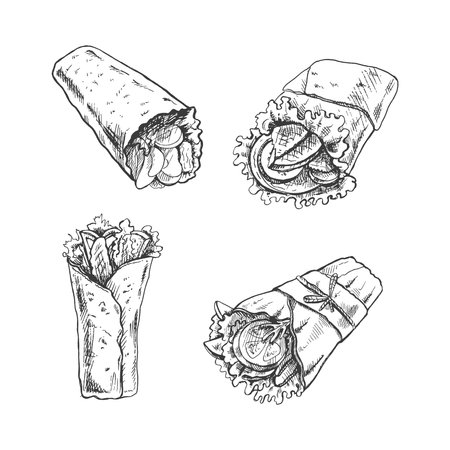 Burritos set. Hand drawn sketch vector illustrations of traditional mexican fast food isolated on white background. vintage illustration. Element for the design of labels, packaging and postcardsのイラスト素材