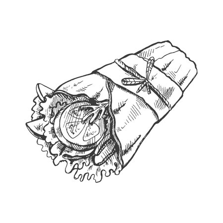 Hand-drawn sketch style burrito wrap with vegetables pieces in paper package isolated on white background. fast food illustration. vintage drawing. Element for the design of labels, packaging and postcards.のイラスト素材