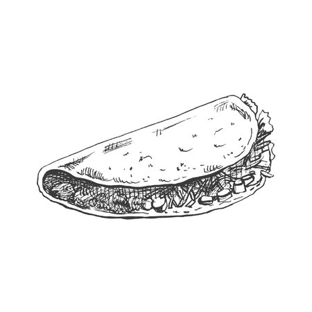 Hand-drawn sketch of taco on white background. Fast food vintage illustration. Element for the design of labels, packaging and postcardsのイラスト素材