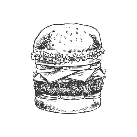 Hand-drawn sketch of great delicious sandwich, burger, hamburger isolated on white background. Fast food vintage illustration. Element for the design of labels, packaging and postcardsのイラスト素材