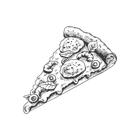 Hand-drawn sketch style pizza slice. Pizza with mozzarella, tomato sauce, sausage, olives, shrimps, melted cheese. Fast food vintage illustration.のイラスト素材