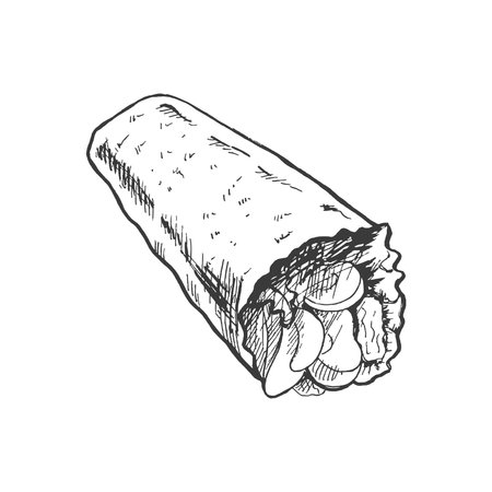Hand-drawn sketch style burrito wrap with vegetables and meat pieces isolated on white background. fast food illustration. vintage drawing. Element for the design of labels, packaging and postcards.のイラスト素材