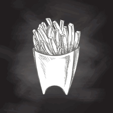 Hand-drawn sketch of french fries in a box isolated on chalkboard background. fast food illustration. vintage drawing. Element for the design of labels, packaging and postcards.のイラスト素材